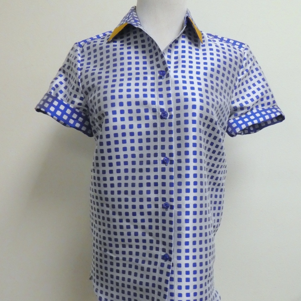 OSTWALD HELGASON blue white plaid short sleeve silk top shirt 2 nwot new